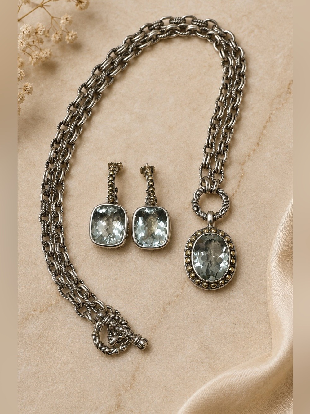 Samuel Benham Sterling Silver 18k Gold Prasiolite Necklace Dangle Earrings Set
